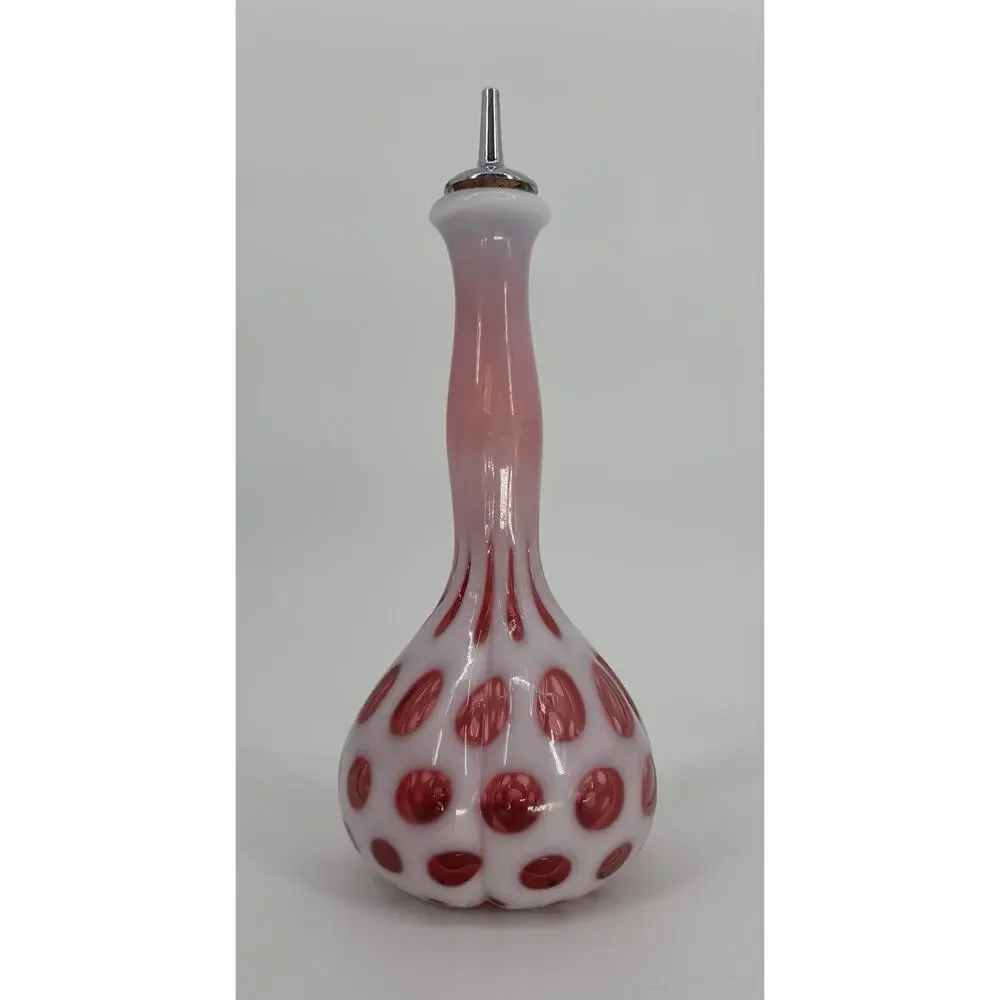 Vtg Fenton Art Glass Coin Dot Cranberry Opalescent Barber Bottle W/ Stopper
